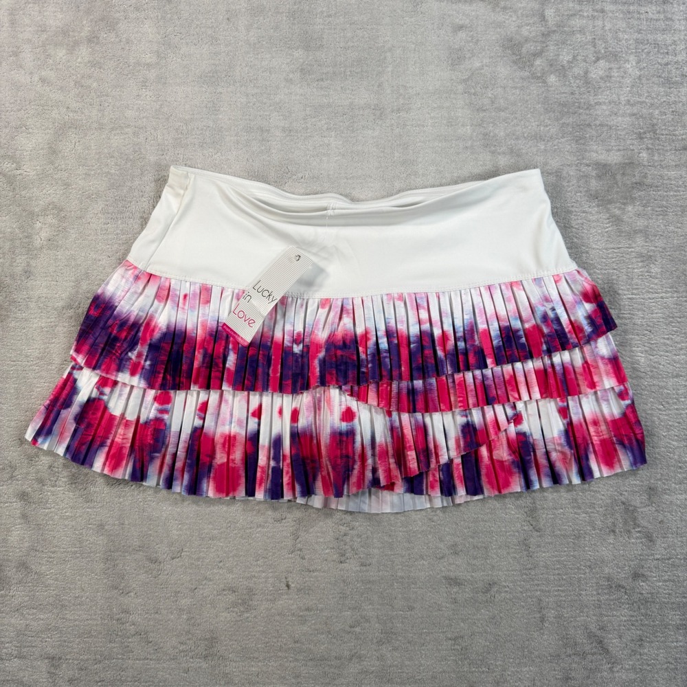 Lucky in Love Skort Womens Large White Pleated Pink Tie Dye Tiered Tennis Skirt